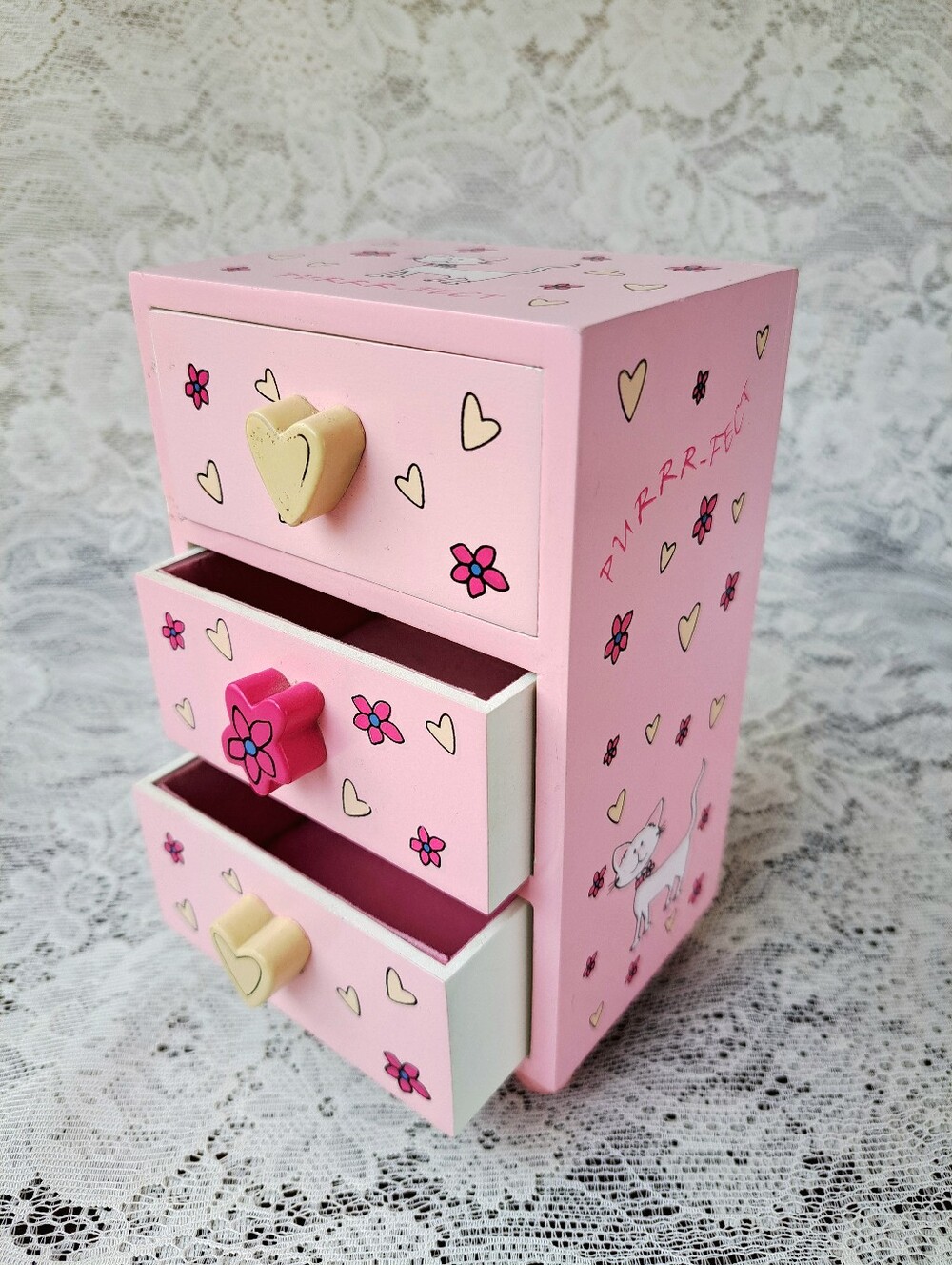 Vintage Pink "Purrr-fect" Cat Jewelry Box Trinket Chest Of Drawers Y2k Decor